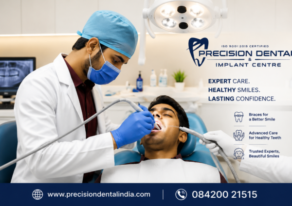 Patient receiving dental treatment in a modern clinic at Precision Dental and Implant Centre, with clear braces and clinic contact info