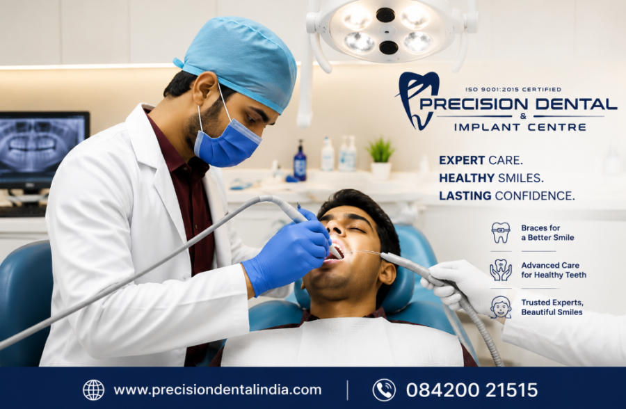 Patient receiving dental treatment in a modern clinic at Precision Dental and Implant Centre, with clear braces and clinic contact info