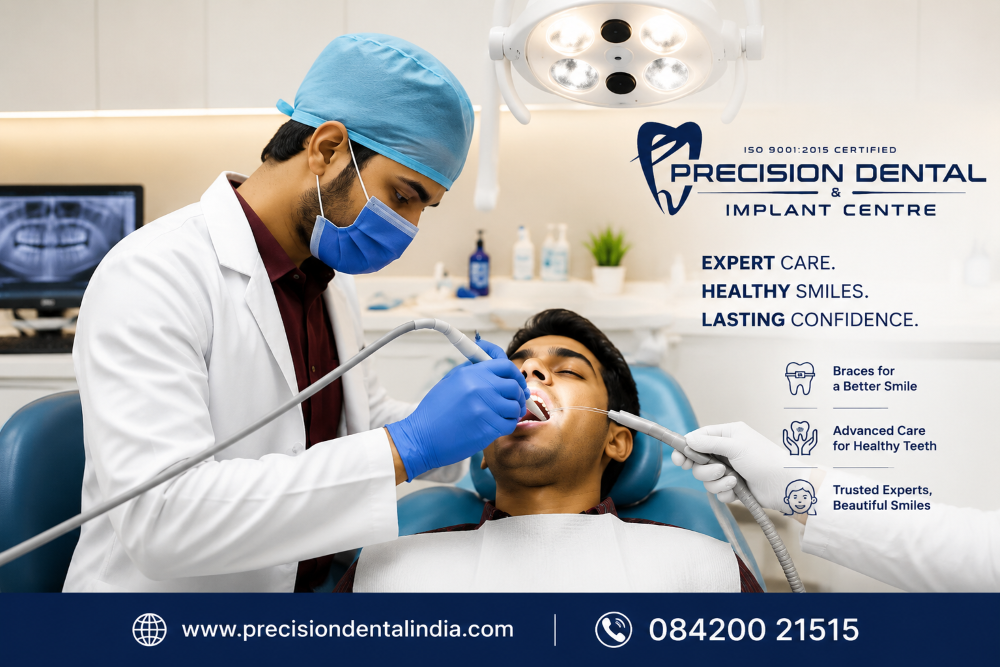 Patient receiving dental treatment in a modern clinic at Precision Dental and Implant Centre, with clear braces and clinic contact info