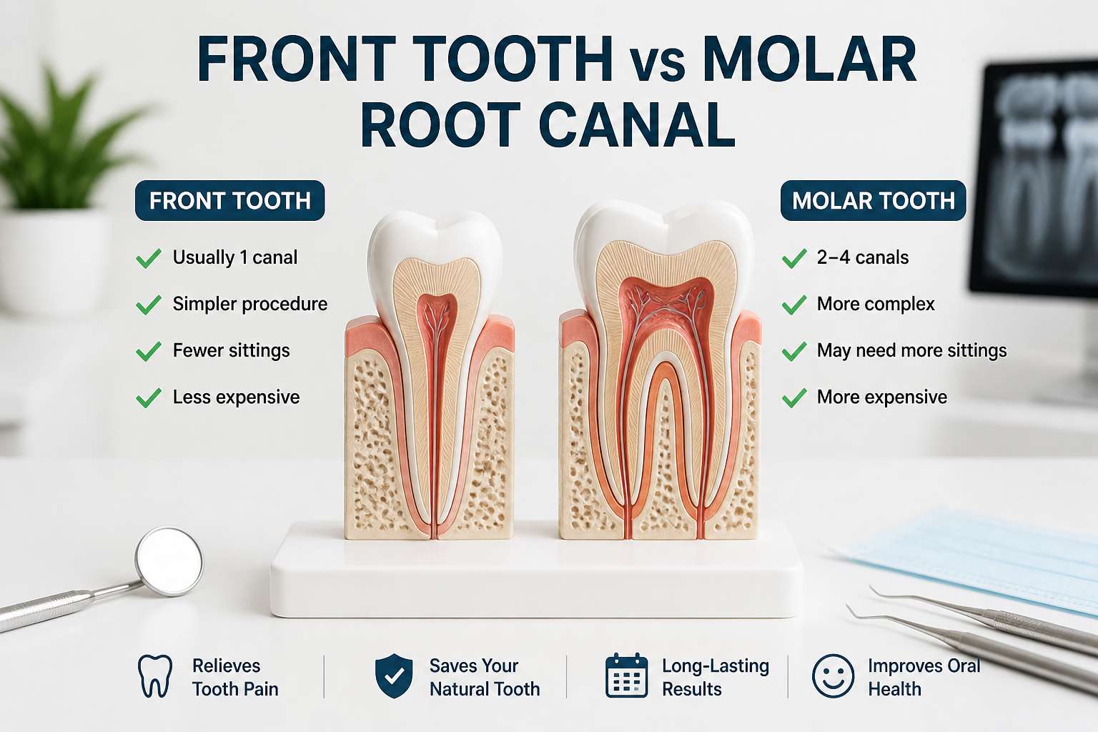 Front tooth vs molar root canal comparison