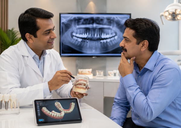 Indian dentist discussing full mouth rehabilitation treatment with a patient in a modern dental clinic