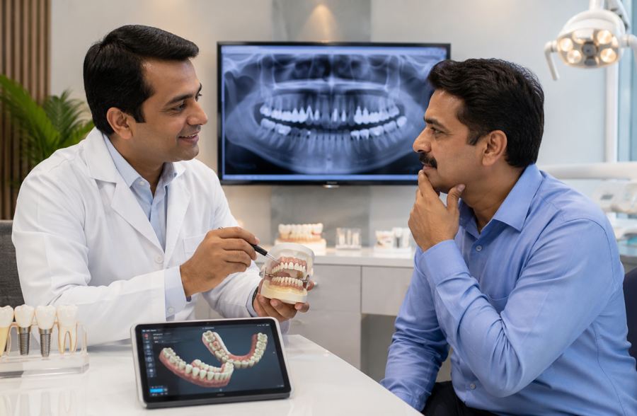 Indian dentist discussing full mouth rehabilitation treatment with a patient in a modern dental clinic