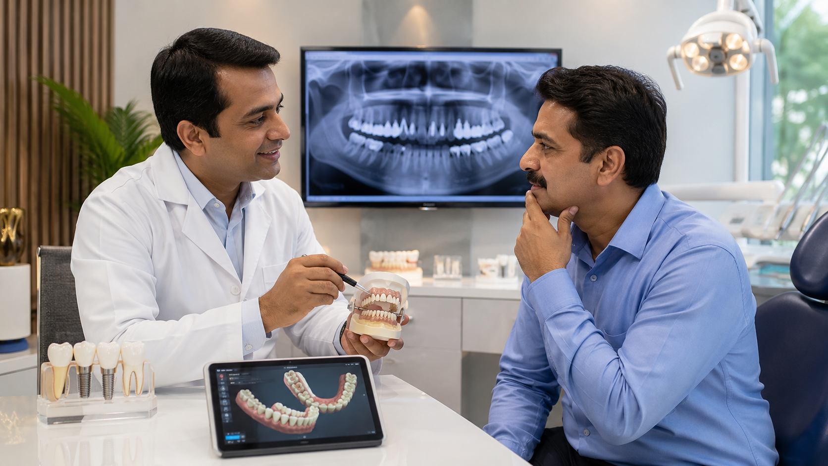 Indian dentist discussing full mouth rehabilitation treatment with a patient in a modern dental clinic