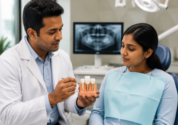 Indian dentist explaining dental implant procedure to patient in clinic