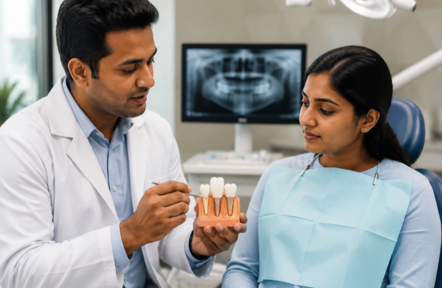 Indian dentist explaining dental implant procedure to patient in clinic