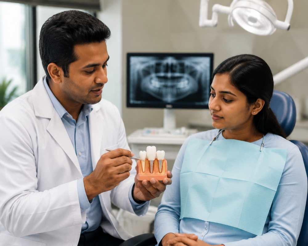 Indian dentist explaining dental implant procedure to patient in clinic