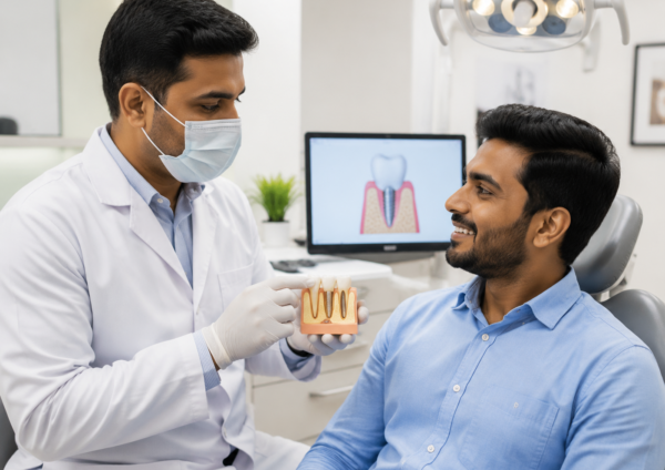 Indian dentist explaining dental implants to an Indian male patient in a modern dental clinic.