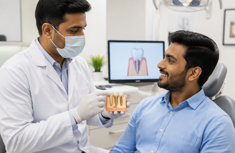Indian dentist explaining dental implants to an Indian male patient in a modern dental clinic.