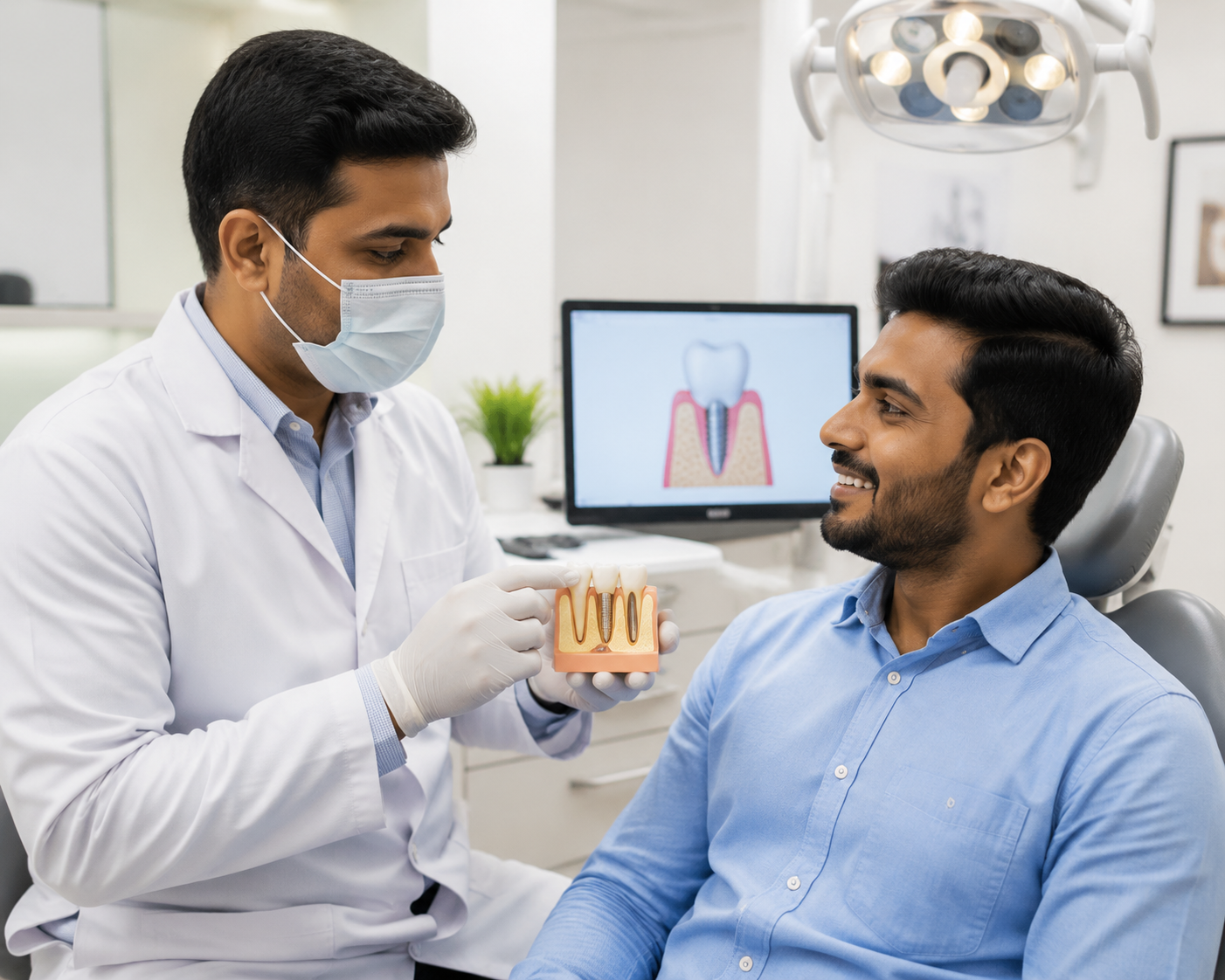 Indian dentist explaining dental implants to an Indian male patient in a modern dental clinic.