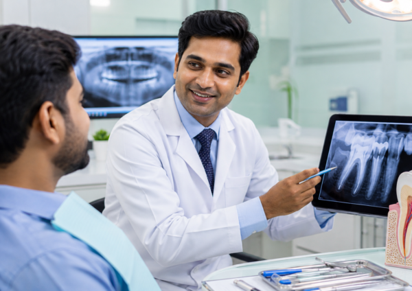 Indian dentist explaining root canal treatment cost in Kolkata