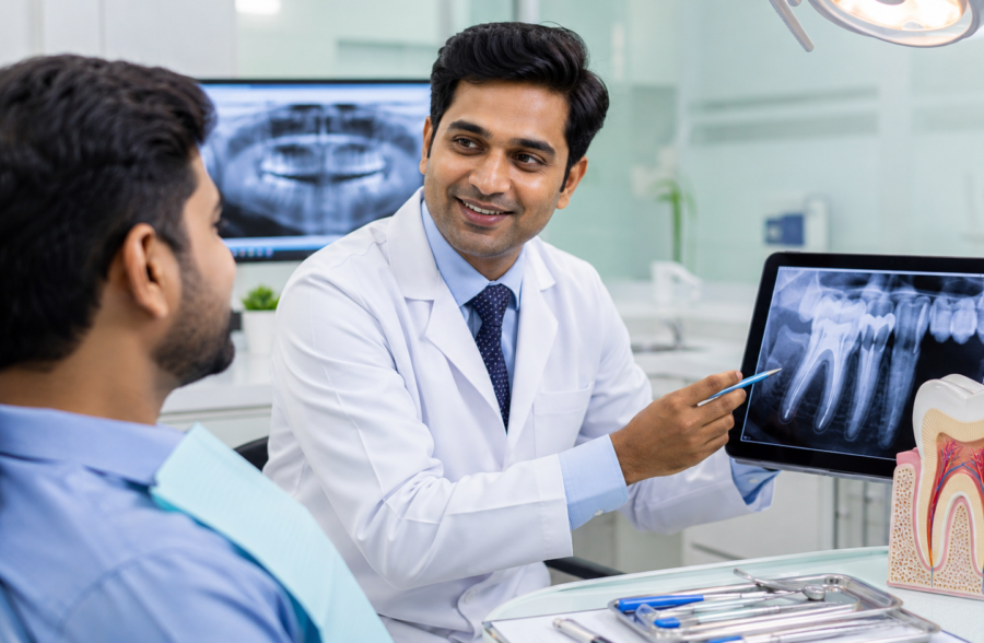 Indian dentist explaining root canal treatment cost in Kolkata