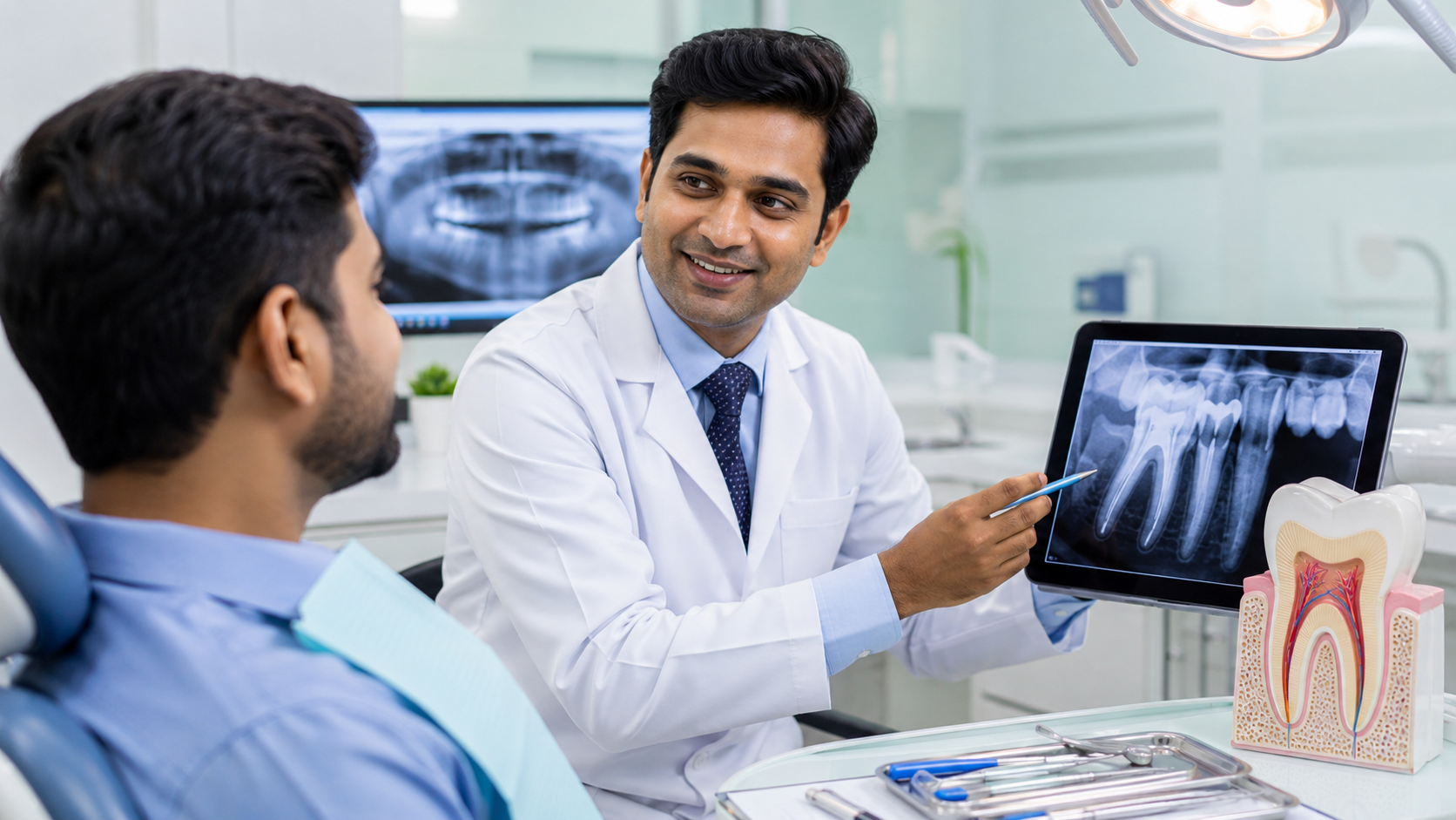 Indian dentist explaining root canal treatment cost in Kolkata