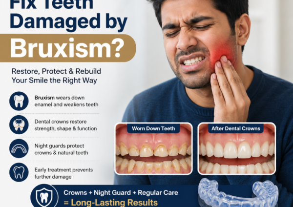 Indian man experiencing jaw pain from teeth grinding, with dental crowns and a night guard shown as treatment and protection options.