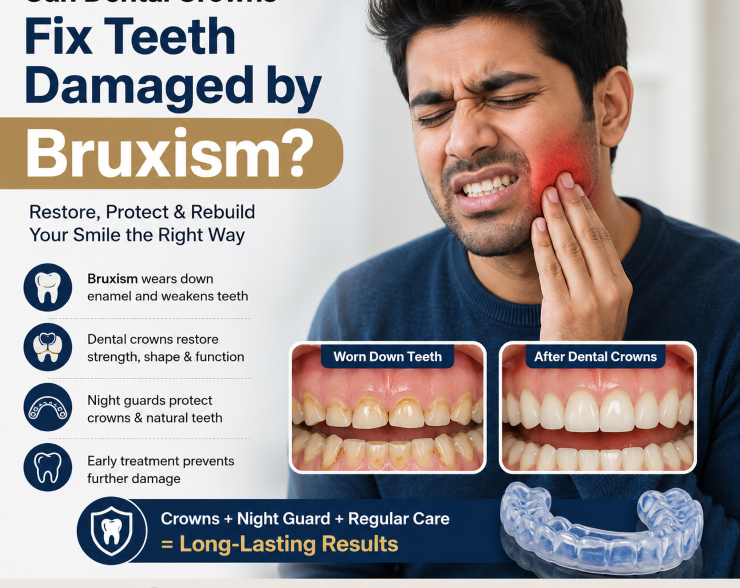 Indian man experiencing jaw pain from teeth grinding, with dental crowns and a night guard shown as treatment and protection options.