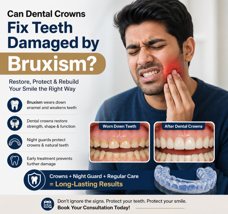 Indian man experiencing jaw pain from teeth grinding, with dental crowns and a night guard shown as treatment and protection options.