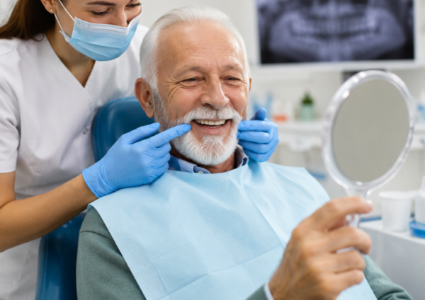 Senior patient smiling during a full mouth rehabilitation consultation at a dental clinic.