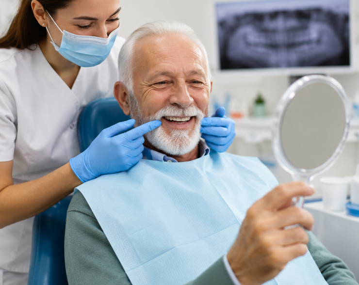 Senior patient smiling during a full mouth rehabilitation consultation at a dental clinic.