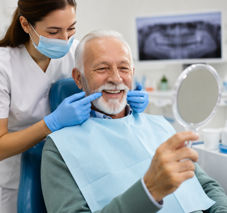 Senior patient smiling during a full mouth rehabilitation consultation at a dental clinic.