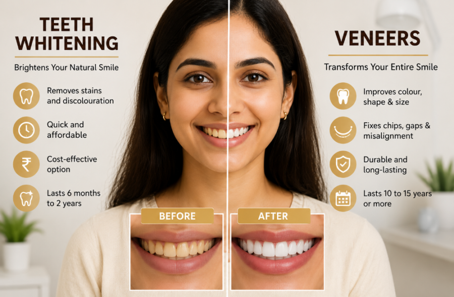 Indian woman smiling in a dental comparison graphic showing teeth whitening and veneers for improving smile colour, shape, and appearance.