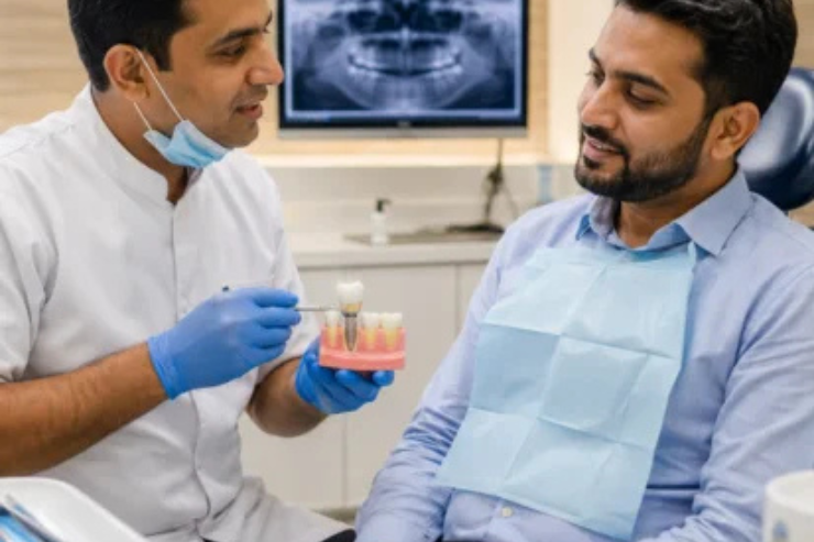 Indian dentist explaining crown placement after root canal treatment to a patient