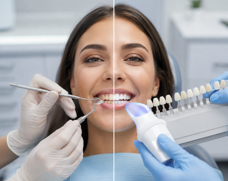 Teeth cleaning and teeth whitening comparison in a dental clinic