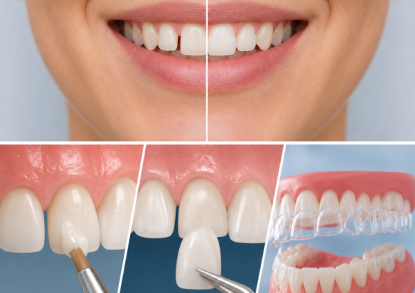 Dental bonding, veneers and clear aligners for closing gaps between front teeth