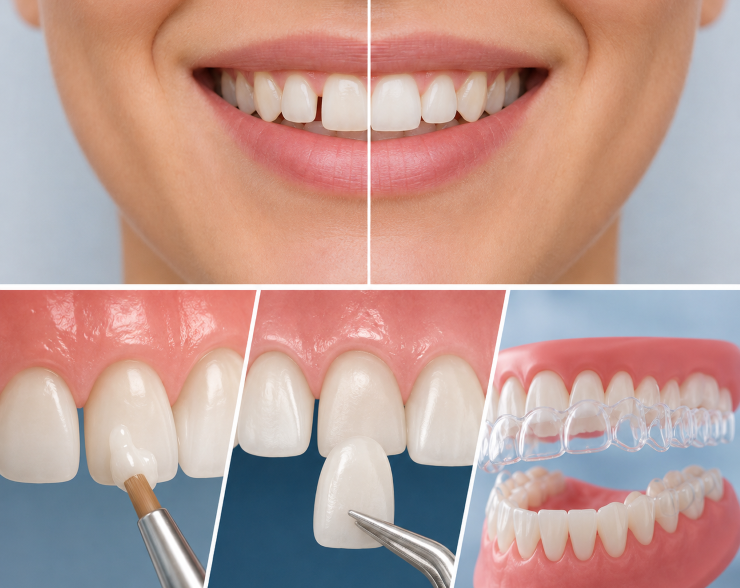 Dental bonding, veneers and clear aligners for closing gaps between front teeth