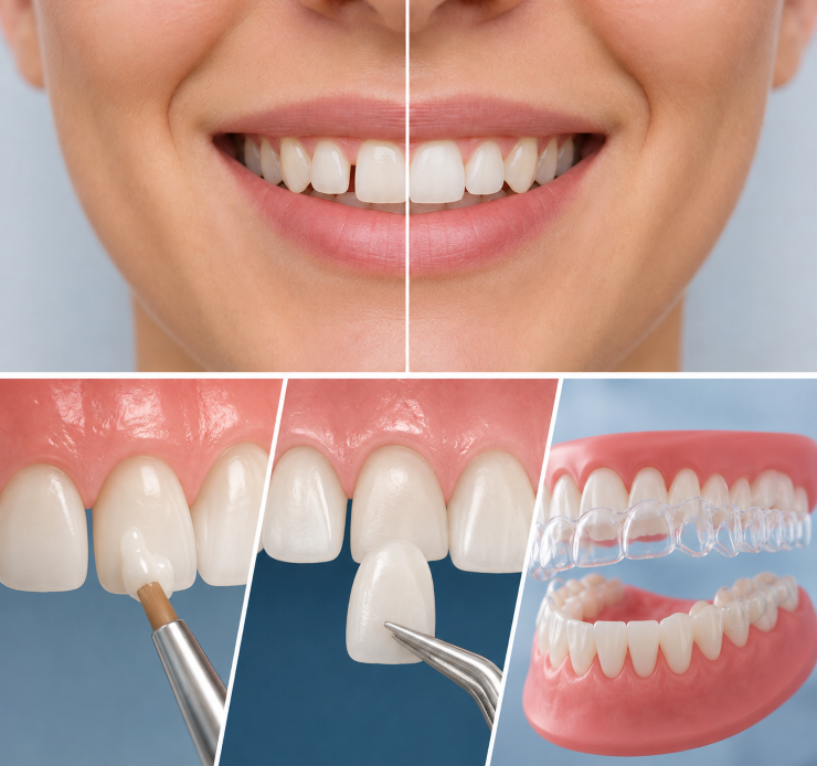 Dental bonding, veneers and clear aligners for closing gaps between front teeth