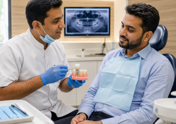 Indian dentist explaining crown placement after root canal treatment to a patient