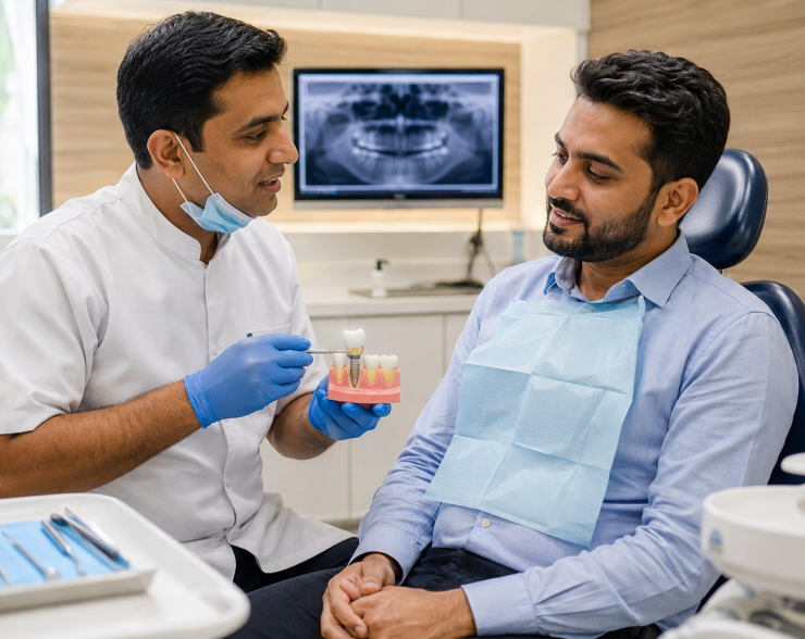 Indian dentist explaining crown placement after root canal treatment to a patient