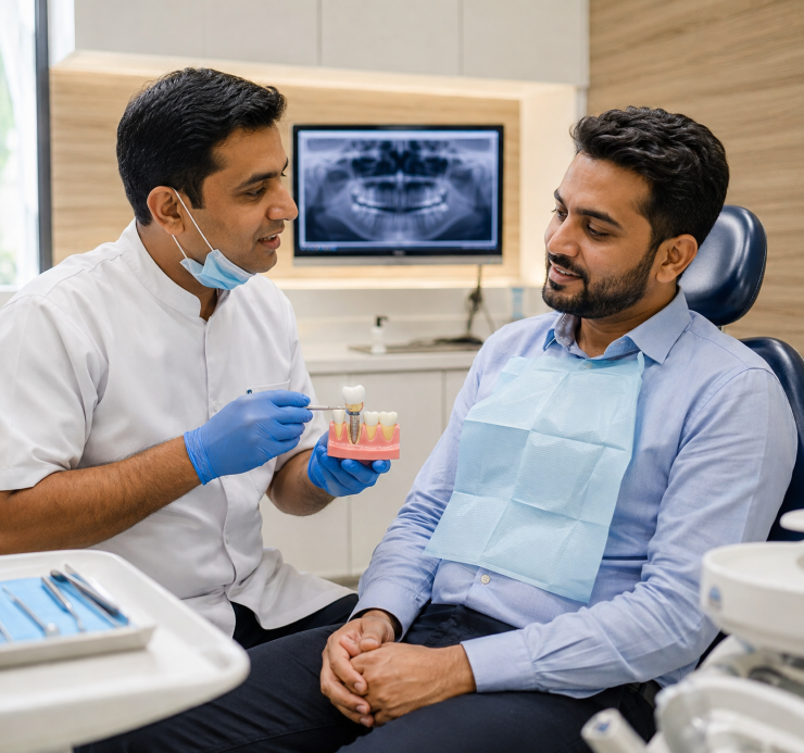 Indian dentist explaining crown placement after root canal treatment to a patient