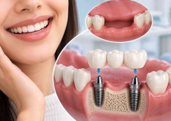 Implant-supported bridge replacing multiple missing teeth with dental implants.