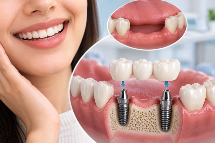 Implant-supported bridge replacing multiple missing teeth with dental implants.