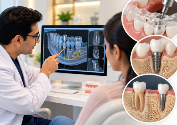 Dentist explaining guided dental implant placement using 3D CBCT scans, surgical guides, and illustrations of implants in a thin jawbone.