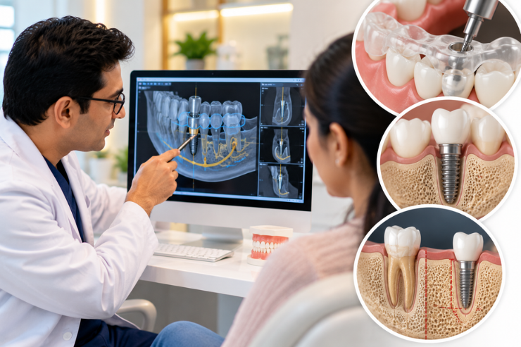 Dentist explaining guided dental implant placement using 3D CBCT scans, surgical guides, and illustrations of implants in a thin jawbone.