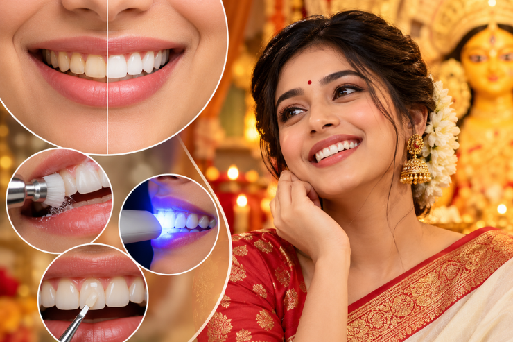 Smile makeover before Durga Puja showing teeth whitening, cleaning, bonding, and a festive smile