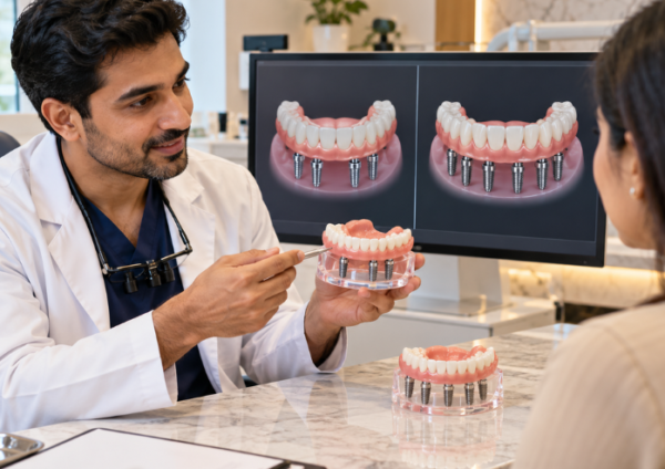 All-on-4 vs All-on-6 dental implants in Kolkata showing a dentist explaining four-implant and six-implant full-arch restorations.