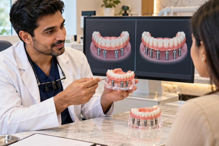 All-on-4 vs All-on-6 dental implants in Kolkata showing a dentist explaining four-implant and six-implant full-arch restorations.