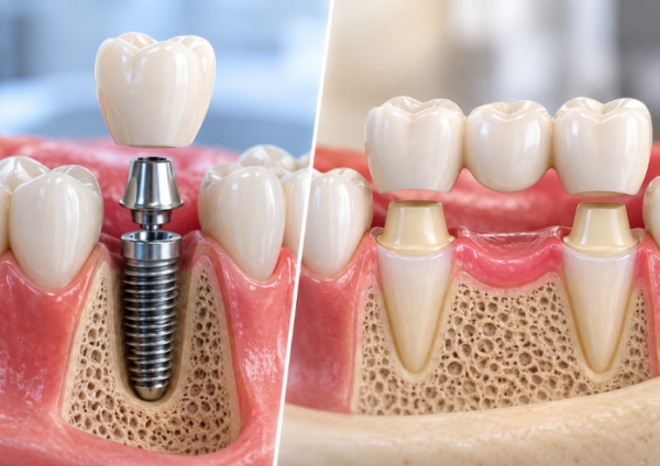 Dental implant vs dental bridge comparison showing implant post, crown, supporting teeth, gums, and jawbone