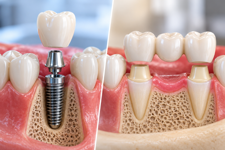 Dental implant vs dental bridge comparison showing implant post, crown, supporting teeth, gums, and jawbone